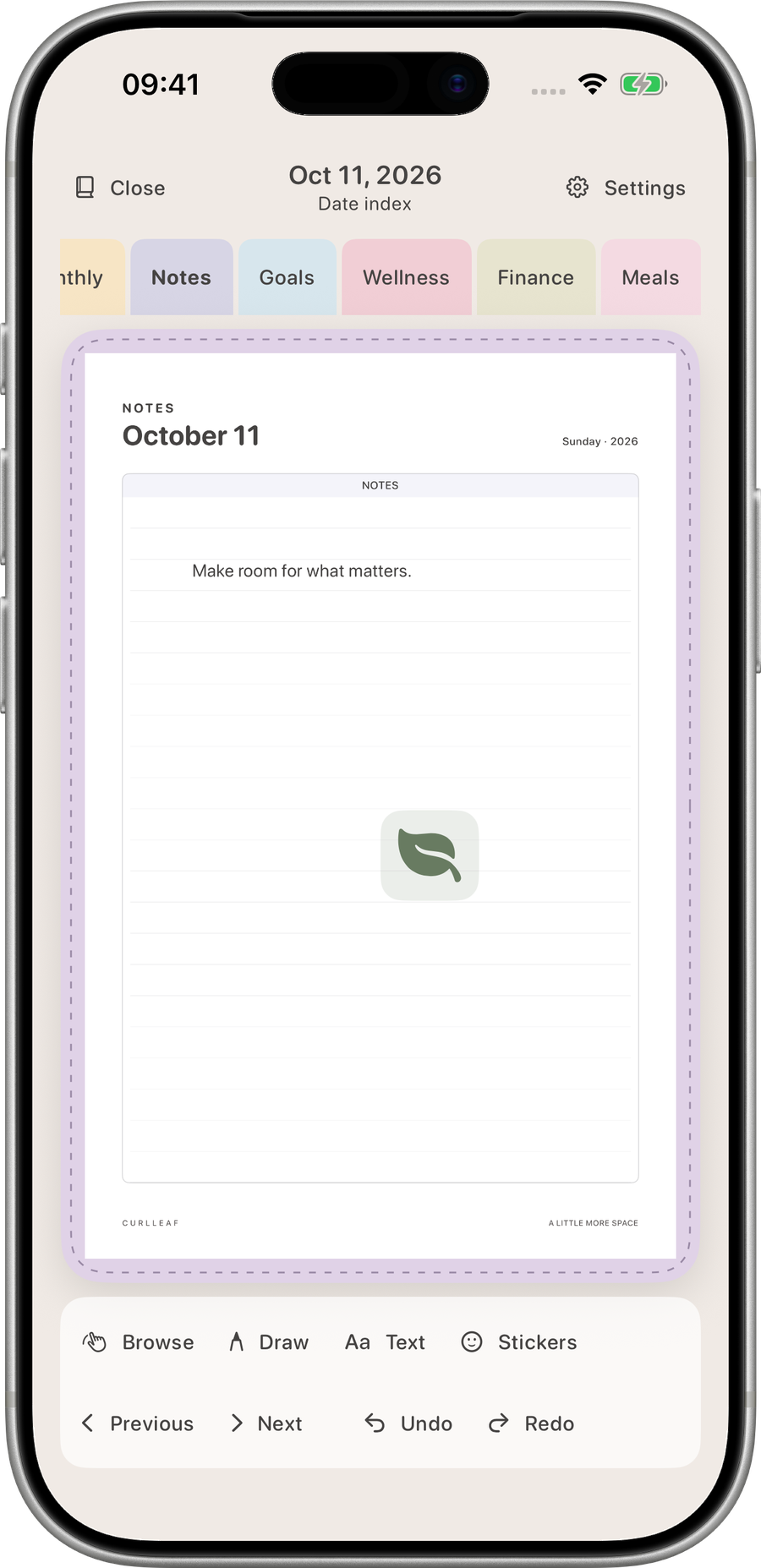Curlleaf notes page with a typed reminder and a leaf sticker, in an official iPhone frame