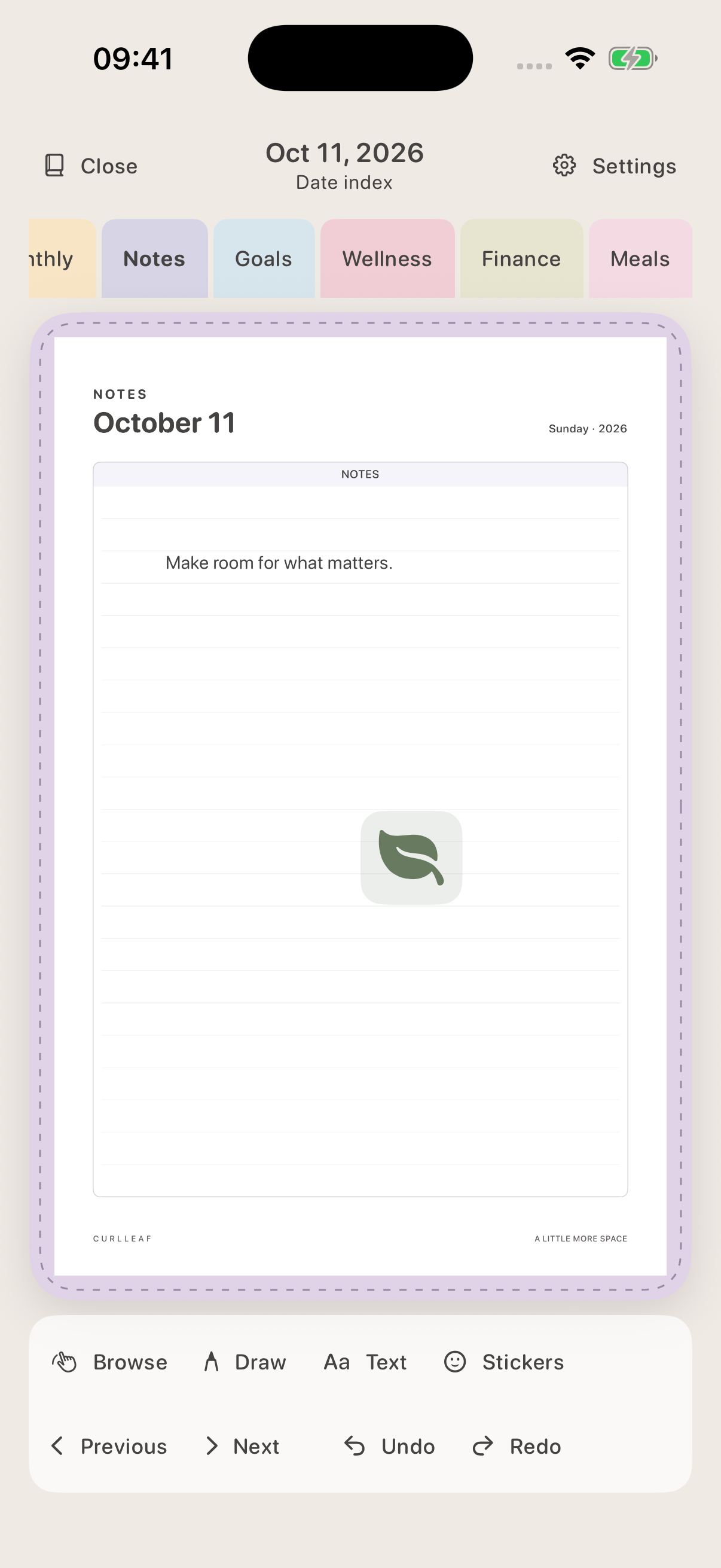 A notes page with the words Make room for what matters and a leaf sticker